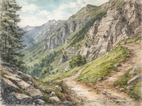 Eine malerische Landschaft während einer Wanderreise zeigt eine gewundene Pfad unterhalb steiler, felsiger Berghänge. Der Weg schlängelt sich durch eine grüne Wiese, umgeben von Bäumen und Sträuchern. Im Hintergrund sind majestätische Berge zu sehen, deren Gipfel von Wolken umrahmt sind. Die Szenerie vermittelt ein Gefühl von Ruhe und der unberührten Natur.