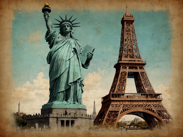 Auf dem Bild sind zwei weltberühmte Sehenswürdigkeiten zu sehen: die **Freiheitsstatue** und der **Eiffelturm**.Die Freiheitsstatue befindet sich in New York und ist ein Symbol für Freiheit und Demokratie. Sie sollte bei einem Besuch in den USA auf keinen Fall verpasst werden.Der Eiffelturm, der für Paris und Frankreich steht, ist ein ikonisches Bauwerk und ein Muss für jeden Touristen in der französischen Hauptstadt. Beide Monumente sind ein wichtiger Teil des kulturellen Erbes ihrer jeweiligen Städte.