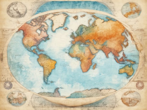 Eine künstlerische Weltkarte zeigt die Kontinente in sanften Farben. Nord- und Südamerika sind links dargestellt, während Europa, Afrika und Asien in der Mitte und rechts zu sehen sind. Australien befindet sich im unteren rechten Bereich der Karte. Über der Karte sind kleinere Globusdarstellungen, die unterschiedliche Perspektiven der Welt zeigen. Die gesamte Gestaltung vermittelt ein historisches Gefühl und lädt zu einer imaginären Weltreise ein.