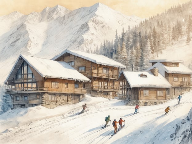 Eine malerische Winterlandschaft mit mehreren Holzhütten, umgeben von schneebedeckten Bergen und Tannenbäumen. Im Vordergrund sind Skifahrer zu sehen, die die Piste hinunterfahren. Die Atmosphäre vermittelt ein Gefühl von Ruhe und Winterurlaub, während die sanften Farben des Bildes einen warmen, einladenden Eindruck hinterlassen.