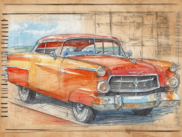 Ein legendärer Oldtimer in leuchtenden Rot- und Gelbtönen steht auf einer skizzierten Straßenlandschaft. Der Wagen ist detailliert ausgearbeitet und weist klassische Designelemente auf, die mit einer nostalgischen Atmosphäre verbunden sind. Die Zeichnung vermittelt den Charme vergangener Zeiten, ideal für eine Wochenendreise zu Destinationen mit historischem Flair. Im Hintergrund ist ein blauer Himmel mit sanften Wolken zu sehen, was die lebendige Stimmung der Szene verstärkt.