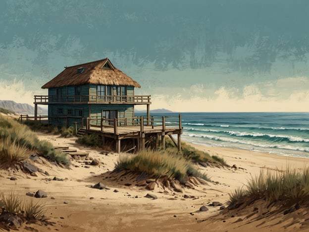 Auf dem Bild ist ein charmantes Strandhaus zu sehen, das direkt am Meer steht. Die umliegende Landschaft bietet Möglichkeiten für verschiedene Aktivitäten und Attraktionen.
Man könnte am Strand spazieren gehen, Muscheln sammeln oder einfach die frische Meeresluft genießen. Das Wasser lädt zu Aktivitäten wie Schwimmen oder Surfen ein. Die natürliche Umgebung könnte auch ideal für ein Picknick oder entspannte Stunden im Liegestuhl sein. Außerdem bietet die Holzterrasse des Hauses einen schönen Platz, um den Sonnenuntergang über dem Wasser zu beobachten.