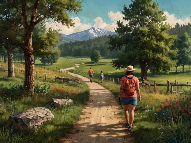 Auf dem Bild ist ein idyllischer Park zu sehen, in dem Menschen verschiedene Aktivitäten genießen. Ein breiter Weg führt durch die grüne Landschaft, umgeben von Bäumen und blühenden Pflanzen.Zwei Personen sind auf dem Weg unterwegs, wahrscheinlich beim Wandern oder Spazierengehen. Die Natur bietet eine ruhige Umgebung, ideal für entspannte Ausflüge. Man könnte sich vorstellen, dass die Besucher die frische Luft und die Schönheit der Umgebung genießen, vielleicht auch Vögel beobachten oder einfach die Aussicht auf die Berge im Hintergrund bewundern.Die Szenerie lädt dazu ein, die Ruhe und die Natur zu erleben, was den Park zu einem perfekten Ort für Erholung und Freizeitaktivitäten macht. Aktivitäten wie Picknicken oder das Fotografieren der Landschaft wären ebenfalls möglich.
