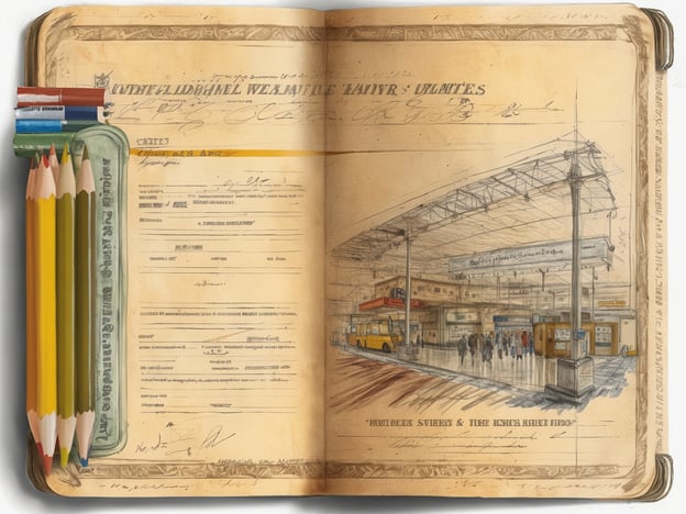 Ein offenes altes Notizbuch zeigt eine gezeichnete Darstellung eines Bahnhofs mit mehreren Schaltern und einer Kundenanwendung. In der Nähe der Schalter stehen verschiedene Menschen. Neben dem Notizbuch liegen mehrere Buntstifte in verschiedenen Farben. Der Hintergrund enthält handgeschriebene Notizen und Dokumente, die teilweise sehr verblasst sind.