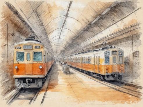 Zwei orangefarbene Züge stehen in einem unterirdischen Bahnhof. Die Züge sind auf parallel verlaufenden Gleisen abgestellt und umgeben von einer hellen, gewölbten Decke. Auf dem Bahnsteig sind einige Wartende sichtbar, während andere mit Gepäck unterwegs sind. Der Boden ist hell und der gesamte Raum vermittelt eine ruhige, nostalgische Atmosphäre.