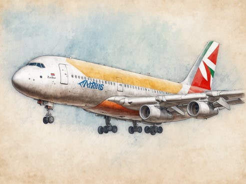 Ein Airbus Flugzeug schwebt in der Luft, mit einem silbernen Körper und einer bunt lackierten Schwanzfinne in den Farben rot, grün und weiß. Der Rumpf ist teilweise orange und trägt das Wort Airbus in blauer Schrift. Die Triebwerke sind sichtbar und die Räder sind ausgefahren, während der Hintergrund in sanften Pastellfarben gehalten ist.