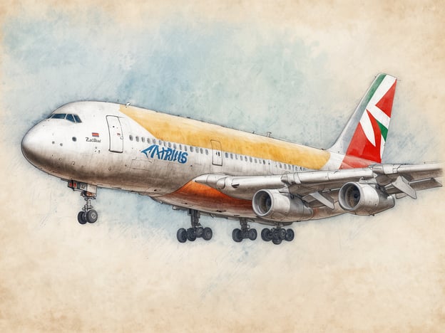 Ein Airbus Flugzeug schwebt in der Luft, mit einem silbernen Körper und einer bunt lackierten Schwanzfinne in den Farben rot, grün und weiß. Der Rumpf ist teilweise orange und trägt das Wort Airbus in blauer Schrift. Die Triebwerke sind sichtbar und die Räder sind ausgefahren, während der Hintergrund in sanften Pastellfarben gehalten ist.