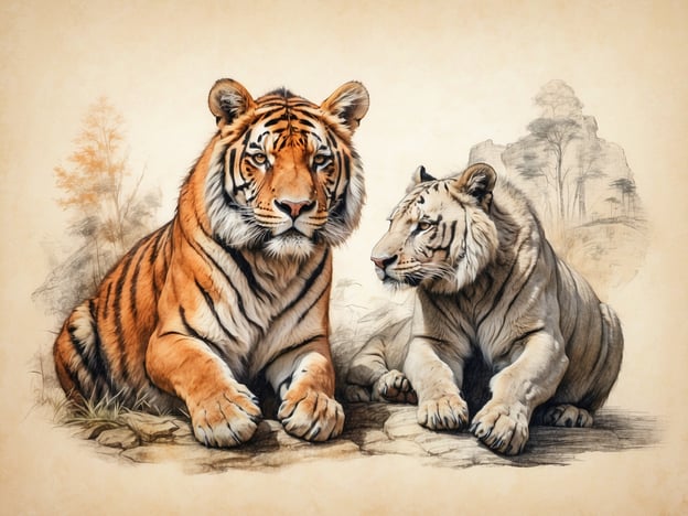 Auf dem Bild sind zwei Tiger zu sehen, einer mit orangefarbenem Fell und schwarzen Streifen, der andere mit hellem, fast weißem Fell. Diese Tiere sind faszinierende Vertreter der Tierwelt und oft in Zoos anzutreffen.Die Geschichte des Zoos zeigt, dass solche Einrichtungen ursprünglich zur Präsentation exotischer Tiere für die Öffentlichkeit dienten. Heute haben Zoos auch eine wichtige Rolle im Artenschutz und in der Bildung übernommen. Tiger, als bedrohte Art, sind häufig Teil von Zuchtprogrammen, um ihre Population in freier Wildbahn zu unterstützen. Zoos bemühen sich zunehmend, ihren Lebensraum und ihr Verhalten so naturnah wie möglich darzustellen, um den Besuchern ein besseres Verständnis für diese majestätischen Tiere zu vermitteln.