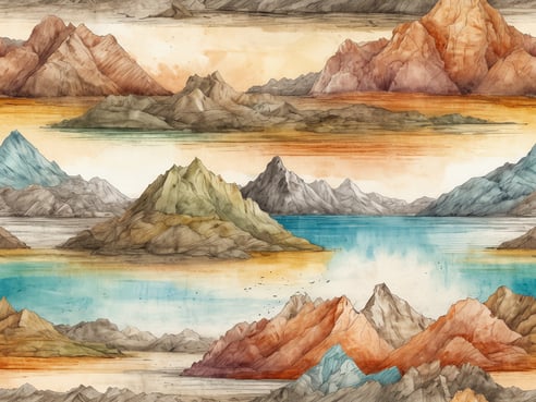 Eine künstlerische Darstellung von Bergen und einer ruhigen Wasseroberfläche. Die Landschaft zeigt eine Vielzahl von Gebirgen in verschiedenen Farben, von sanften Erdtönen bis zu lebhaften Blau- und Grüntönen. Die Berge sind in unterschiedlichen Höhen und Formen angeordnet, während im Vordergrund einige sanfte Hügel und Felsen zu sehen sind. Der Hintergrund ist in sanften Farbverläufen gehalten, die den Himmel darstellen, und es sind einige Vögel im Flug zu erkennen. Die gesamte Komposition vermittelt ein Gefühl von Ruhe und natürlicher Schönheit.
