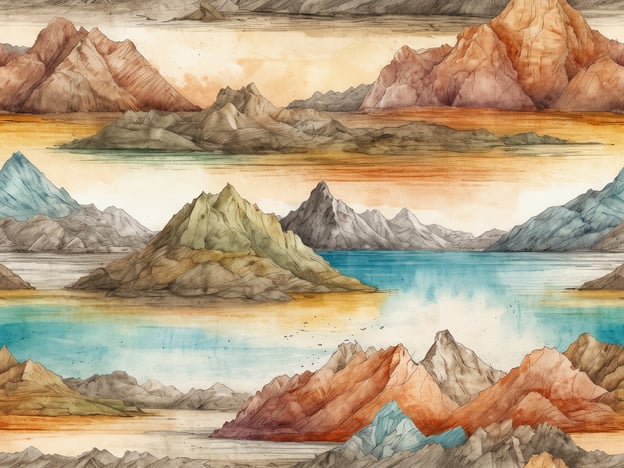Eine künstlerische Darstellung von Bergen und einer ruhigen Wasseroberfläche. Die Landschaft zeigt eine Vielzahl von Gebirgen in verschiedenen Farben, von sanften Erdtönen bis zu lebhaften Blau- und Grüntönen. Die Berge sind in unterschiedlichen Höhen und Formen angeordnet, während im Vordergrund einige sanfte Hügel und Felsen zu sehen sind. Der Hintergrund ist in sanften Farbverläufen gehalten, die den Himmel darstellen, und es sind einige Vögel im Flug zu erkennen. Die gesamte Komposition vermittelt ein Gefühl von Ruhe und natürlicher Schönheit.