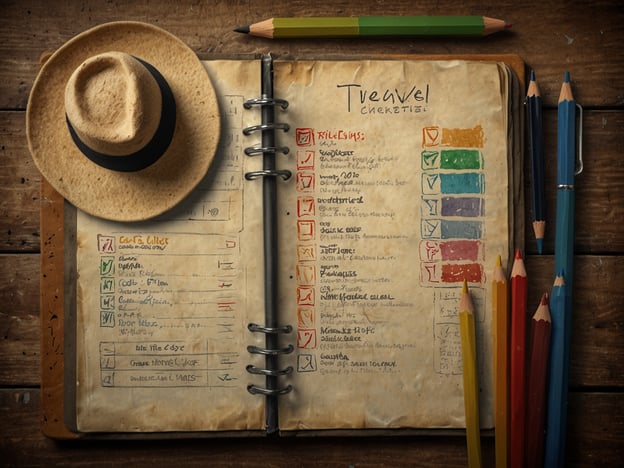 Auf dem Bild ist ein offenes Notizbuch zu sehen, welches anscheinend Reiseinformationen enthält. Es liegt ein Hut darüber, und es sind verschiedene farbige Stifte sowie ein Bleistift in der Nähe.### Praktische Tipps für Deinen Besuch:1. **Notizen machen**: Nutze ein Notizbuch, um wichtige Informationen und Eindrücke festzuhalten.2. **Besuche lokale Märkte**: Informiere dich über regionale Spezialitäten und kaufe Souvenirs direkt vom Erzeuger.3. **Wetter beachten**: Je nach Reisezeit kann ein Hut und Sonnenschutz nützlich sein.4. **Sprache lernen**: Ein paar grundlegende Wörter in der Landessprache können hilfreich sein, um mit Einheimischen zu kommunizieren.5. **Planung**: Überlege dir заранее, welche Orte und Aktivitäten du besuchen möchtest, um deine Zeit optimal zu nutzen.