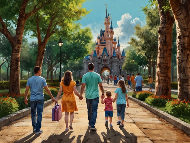 Auf dem Bild ist eine Familie zu sehen, die in einem malerischen Park auf ein märchenhaftes Schloss zusteuert. Die Umgebung ist grün und einladend, umgeben von Bäumen und bunten Blumen. Die Familie besteht aus zwei Erwachsenen und mehreren Kindern, die zusammen Hand in Hand gehen, was eine fröhliche und harmonische Atmosphäre vermittelt.**Fazit: Warum Orlando ein absolutes Muss für Familien ist:** Orlando bietet unvergleichliche Freizeitmöglichkeiten, insbesondere die weltberühmten Themenparks, die sowohl für Kinder als auch für Erwachsene aufregend sind. Die zauberhafte Atmosphäre, die vielfältigen Attraktionen und die Möglichkeit, gemeinsame unvergessliche Erlebnisse zu schaffen, machen Orlando zu einem idealen Reiseziel für Familien.
