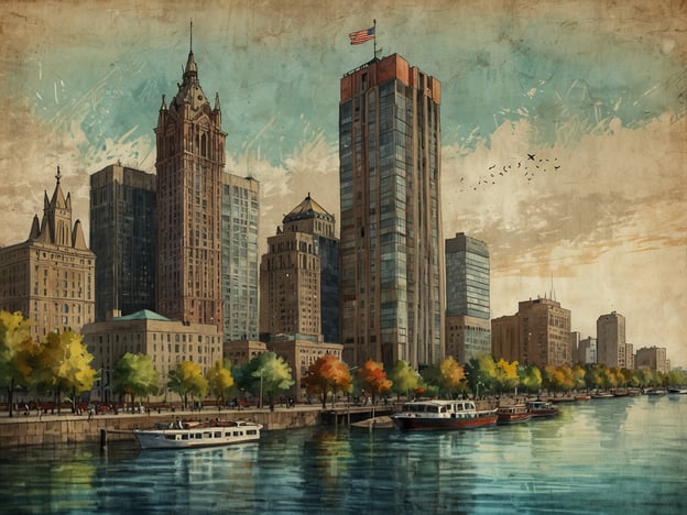 Einführung in Chicago – Eine Stadt mit Charakter.Auf dem Bild ist eine malerische Darstellung der Skyline von Chicago zu sehen. Die Architektur kombiniert historische und moderne Gebäudestile, die die Vielfalt der Stadt widerspiegeln. In der Vordergrund sieht man eine Wasserfläche, an der mehrere Boote ankern. Entlang des Ufers reiht sich eine Allee mit Bäumen, die in bunten Farbtönen leuchten. Die Szenerie strahlt eine ruhige, harmonische Atmosphäre aus und stellt die lebendige Verbindung zwischen Stadt und Wasser dar, die typisch für Chicago ist.