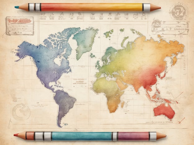 Eine farbenfrohe Weltkarte im Aquarellstil ist zu sehen, die Amerika, Europa, Asien und Australien zeigt. Die Kontinente sind in sanften Farben gehalten, in Blau, Grün, Gelb, Orange und Rot. Oben und unten sind Buntstifte in bunten Farbvariationen angeordnet, die einen kreativen Eindruck vermitteln. Der Hintergrund hat eine alte Papierstruktur, die den historischen Charakter der Darstellung unterstreicht. Diese Illustration eignet sich perfekt für ein Around-the-World-Ticket.