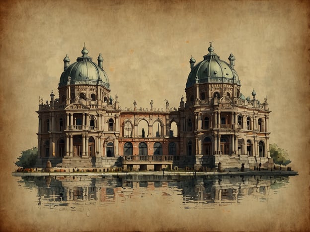 Auf dem Bild ist ein prächtiges, historisches Gebäude mit einer markanten Architektur und zwei Kuppeln zu sehen. Es scheint sich um ein kunstvoll gestaltetes Bauwerk zu handeln, das möglicherweise eine Wasserfläche vor sich hat, die seine Fassade widerspiegelt.Ein Bezug zu Washington D.C. könnte die Architektur des Kapitols oder des Jefferson Memorials sein, die ebenfalls eindrucksvoll und historisch bedeutsam sind, jedoch kann ich anhand dieses Bildes nicht sicher sagen, um welches Gebäude es sich handelt. Washington D.C. ist bekannt für seine monumentalen Gebäude, die oft mit einer tiefen Geschichte und symbolischer Bedeutung verbunden sind.