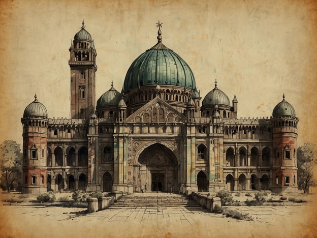 Auf dem Bild ist ein eindrucksvolles architektonisches Bauwerk zu sehen, das stark an historische Gebäude im orientalischen oder islamischen Stil erinnert. Die großen Kuppeln und kunstvoll gestalteten Türme sind charakteristisch für viele Kulturen des Nahen Ostens, wie beispielsweise die Moscheen in Istanbul oder die Paläste in Persien.Die aufwändigen Verzierungen und der repräsentative Eingang vermitteln den Eindruck von historischer Bedeutung. Solche Gebäuden könnten kulturelle Highlights wie Moscheen, Paläste oder historische Verwaltungsgebäude sein, die oft zentrale Orte für religiöse, politische und gesellschaftliche Aktivitäten darstellen.In Anlehnung an den eindrucksvollen Stil könnte es sich um eine künstlerische Darstellung eines historischen Gebäudes handeln, das Teil eines kulturellen Erbes ist.