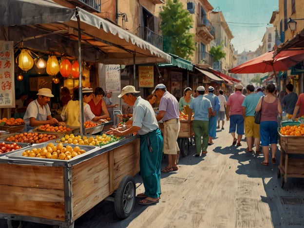 Auf dem Bild ist ein lebhafter Markt zu sehen, an dem Menschen frisches Obst und Gemüse kaufen. Die Stände sind mit bunten Früchten wie Orangen und Äpfeln bestückt, was auf eine reiche lokale Landwirtschaft hinweist.Solche Märkte sind oft kulturelle Zentren, wo sich die Gemeinschaft trifft, um frische Produkte zu erwerben und sich auszutauschen. In vielen Kulturen spielt das Einkaufen auf dem Markt eine wichtige Rolle in der sozialen Interaktion. In der lokalen Küche werden die frisch gekauften Zutaten häufig für traditionelle Gerichte verwendet, die den Charakter und die Aromen der Region widerspiegeln. Das Zusammenkommen auf dem Markt fördert nicht nur den Zugang zu lokalem Essen, sondern stärkt auch die Gemeinschaftsbindung.