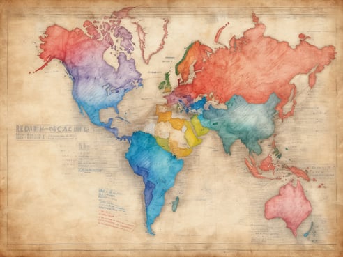 Eine farbige Weltkarte, die die Kontinente in verschiedenen pastellfarbenen Schattierungen darstellt. Die Karte hat einen antiken Stil mit altertümlichem Papierhintergrund und handgeschriebenen Notizen in den Ecken. Europa ist in warmen Rottönen, Asien in verschiedenen Blautönen, Afrika in Gelbtönen und Amerika in lila und grün. Ozeanien ist in weichen Rottönen dargestellt. Die Karte zeigt eine einzigartige künstlerische Interpretation der Weltgeografie.