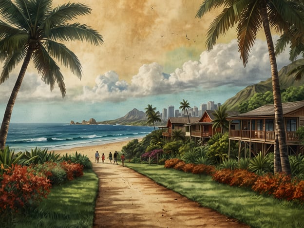 Auf dem Bild ist eine malerische Küstenlandschaft zu sehen, die die natürliche Schönheit und die entspannte Atmosphäre von Honolulu verkörpert. Im Vordergrund verläuft ein sandiger Weg, der von üppigen Pflanzen und bunten Blumen gesäumt ist. Vier Personen schlendern am Strand entlang, was eine friedliche, gemeinschaftliche Stimmung vermittelt.Im Hintergrund erstreckt sich der Ozean mit sanften Wellen, während die Wolken über den Himmel ziehen. Am Horizont sind die modernen Gebäude von Honolulu zu sehen, die einen spannenden Kontrast zur traditionellen, tropischen Umgebung bilden. Diese Szenerie spiegelt die Kultur von Honolulu wider, die sowohl Natur- als auch Stadtleben vereint und Besuchern eine Vielzahl von Erlebnissen in einer atemberaubenden Umgebung bietet.