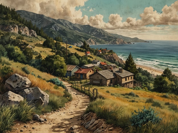 Auf dem Bild ist eine malerische Landschaft zu sehen, die mit sanften Hügeln, Bergen im Hintergrund und einer Küstenlinie aufwarten kann. Im Vordergrund führen ein schmaler Weg und einige Felsen durch eine grüne Wiese. Die Umgebung wirkt ruhig und einladend.Aktivitäten, die hier abseits des Surfens genossen werden können, sind beispielsweise:1. **Wanderungen**: Die malerischen Wege laden zu Spaziergängen oder Wanderungen in der Natur ein.2. **Fotografie**: Die Landschaft bietet viele Möglichkeiten, um atemberaubende Fotos zu machen.3. **Picknicken**: Man könnte sich an einem schönen Platz niederlassen und die Umgebung genießen.4. **Vogelbeobachtung**: In dieser ruhigen Umgebung könnte man verschiedene Vogelarten beobachten.5. **Malerei oder Zeichnen**: Künstlerische Aktivitäten im Freien wären ebenfalls sehr inspirierend.Die gesamte Szenerie vermittelt eine entspannende Atmosphäre, die zu vielen Naturaktivitäten einlädt.