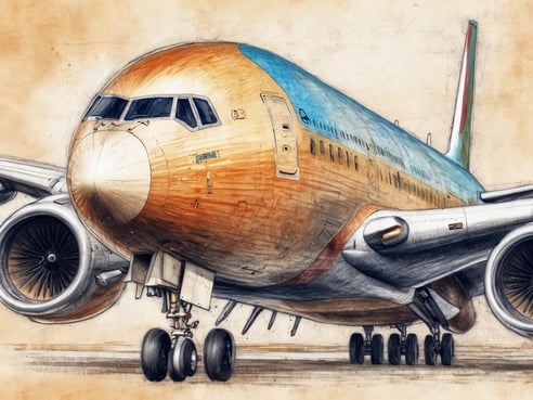 Ein detailliertes und künstlerisches Bild eines Boeing Flugzeugs, das aus der Frontansicht dargestellt wird. Das Flugzeug hat eine orange- und blaue Lackierung und zeigt die charakteristischen Merkmale eines modernen Verkehrsflugzeugs, einschließlich der großen Triebwerke und des Fahrwerks. Der Hintergrund hat einen sanften, neutralen Farbton, der den Fokus auf das Flugzeug lenkt.