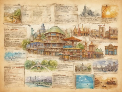 Das Bild zeigt eine künstlerische Darstellung von verschiedenen architektonischen Entwürfen und Landschaftsszenen. Es ist in einem vintageartigen Stil gehalten und umfasst mehrere Gebäude und Landmarken, die mit handgeschriebenen Notizen und skizzenhaften Details versehen sind. Zu sehen sind unter anderem eine Art Pavillon, Türme mit bunten Dächern, eine Statue, Brücken und verschiedene Naturansichten wie Berge und Gewässer. Die Farbgebung ist sanft und aquarellartig, was dem Bild eine nostalgische Atmosphäre verleiht.