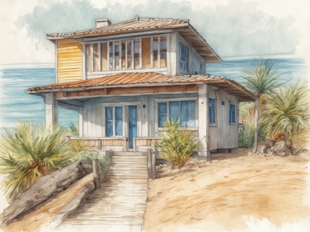 Ein Bungalow steht am Strand, umgeben von Palmen und Sand. Die Architektur ist modern mit einem gelben Anbau und einem Satteldach. Große Fenster lassen viel Licht ins Innere. Eine hölzerne Treppe führt zur Eingangstür des Bungalows, die von einem kleinen Balkon umgeben ist. Im Hintergrund ist der Ozean zu sehen, der sanfte Wellen schlägt.