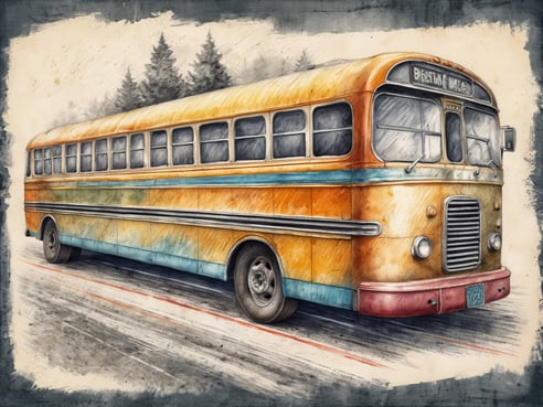 Ein historischer gelber Linienbus fährt auf einer Straße, umgeben von Bäumen im Hintergrund. Der Bus hat große Fenster und eine nostalgische Form mit einem auffälligen Farbverlauf von Gelb zu Orange. Im Vordergrund sind einige radial-blur Effekte sichtbar, die die Bewegung des Busses darstellen, während er unterwegs ist.