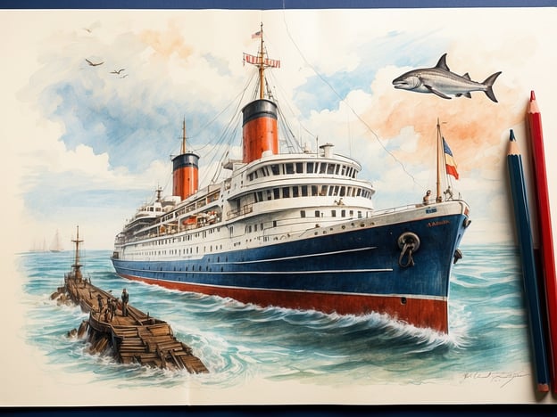 Auf dem Bild ist eine anschauliche Zeichnung eines großen Schiffes zu sehen, wahrscheinlich ein Passagierschiff, das in einem Hafen anlegt. Das Schiff hat eine auffällige schwarze und rote Farbgebung, typische Merkmale vieler klassischer Ozeanliner.In der Nähe des Schiffs erkennt man einen Holzsteg, auf dem einige Leute stehen, und im Wasser schwimmt ein Fisch, was auf die maritime Umgebung hinweist.Diese Darstellungen spiegeln das maritime Erbe wieder, das im Deutschen Meeresmuseum gewürdigt wird, welches eine Vielzahl von Exponaten und Informationen über die Schifffahrt und Meereskunde bietet. Das Museum thematisiert die Geschichte und die Bedeutung der Meere sowie die Entwicklung der Schifffahrt, was die Faszination und die Herausforderungen der Seefahrt auf eindrucksvolle Weise vermittelt.