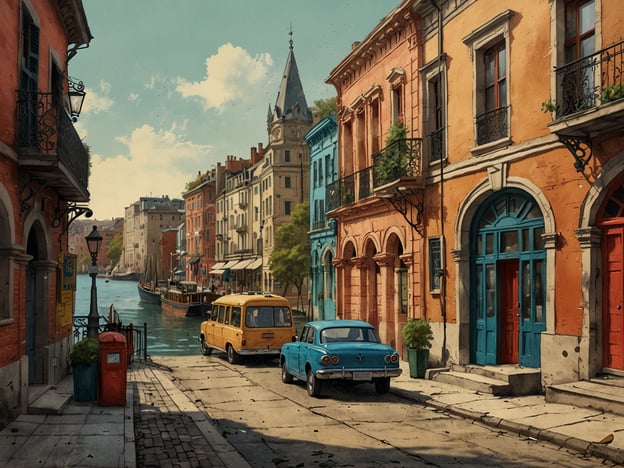Auf dem Bild ist eine malerische Straßenansicht mit bunten Gebäuden, alte Autos und einem ruhigen Kanal zu sehen. In einem modernen Kontext könnte man dies mit dem Charme der historischen Viertel in Boston vergleichen, wie Beacon Hill oder die Waterfront. Dort findet man ebenfalls enge Gassen, historische Architektur und eine ansprechende Atmosphäre.In Boston gibt es zudem eine lebendige Mischung aus Tradition und Moderne, mit Cafés, Boutiquen und Kunstgalerien, die an solchen Orten oft zu finden sind. Auch die Kombination aus historischen Gebäuden und dem modernen Stadtleben schafft eine einzigartige Atmosphäre, die man in diesem Bild nachvollziehen könnte.