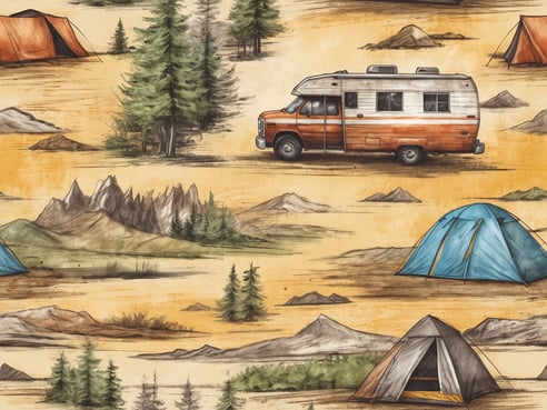 Eine malerische Campinglandschaft mit verschiedenen Zelten in bunten Farben und einem Wohnmobil, das auf einem sandfarbenen Hintergrund steht. Umgeben von Bergen und grünen Bäumen vermittelt das Bild eine friedliche und naturnahe Atmosphäre, perfekt für Campingliebhaber.