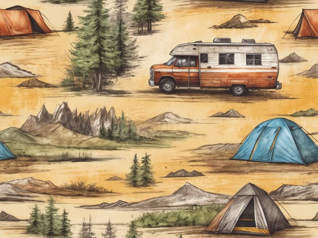Eine malerische Campinglandschaft mit verschiedenen Zelten in bunten Farben und einem Wohnmobil, das auf einem sandfarbenen Hintergrund steht. Umgeben von Bergen und grünen Bäumen vermittelt das Bild eine friedliche und naturnahe Atmosphäre, perfekt für Campingliebhaber.