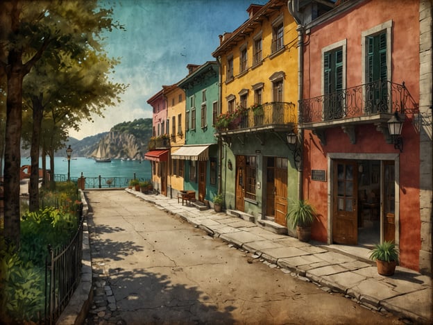 Auf dem Bild ist eine malerische Straße zu sehen, gesäumt von bunten Häusern in verschiedenen Farben wie Gelb, Grün, und Rosa. Die Häuser haben Balkone und Fensterläden, die das Bild lebendig wirken lassen. Auf der linken Seite stehen Bäume, und im Hintergrund sieht man das Wasser eines Gewässers, in dem ein Segelboot fährt. Die gesamte Szenerie strahlt eine ruhige, einladende Atmosphäre aus.Fazit: Die Faszination Bostons.