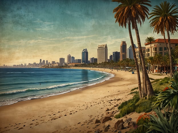 San Diego ist eine wunderschöne Stadt an der Westküste der USA, bekannt für ihr mildes Klima, atemberaubende Strände und eine lebendige Kultur.
Auf dem Bild ist eine Küstenansicht von San Diego zu sehen. Im Vordergrund erstreckt sich ein breiter, sandiger Strand, der sanft von Wellen umspült wird. Hinter dem Strand erkennt man eine lebhafte Stadtsilhouette mit Hochhäusern und moderner Architektur. Palmen säumen den Strand und tragen zur tropischen Atmosphäre bei, während die blaue See und der klare Himmel das Gesamtbild abrunden. Die Elemente vermitteln ein Gefühl von Entspannung und Lebensfreude, das San Diego verkörpert.