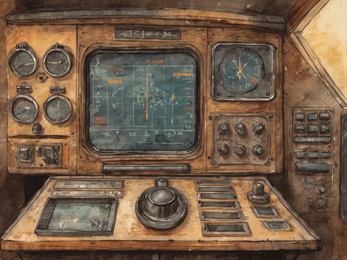 Das Bild zeigt das Cockpit eines Fahrzeugs oder einer Maschine. Es ist mit verschiedenen Instrumenten und Anzeigen ausgestattet, darunter mehrere Rundinstrumente zur Messung von Geschwindigkeit und Druck sowie ein großer Bildschirm, der eine grafische Darstellung anzeigt. Auf dem Bedienfeld befinden sich verschiedene Schalter und Hebel, die zur Steuerung des Fahrzeugs dienen. Die Farbgebung ist überwiegend in Erdtönen mit einem leicht abgenutzten Aussehen, was dem Cockpit einen vintage Charakter verleiht.
