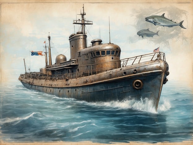 Auf dem Bild ist ein Schiff zu sehen, das sich auf dem Meer bewegt. Hier sind die verschiedenen Ausstellungsbereiche, die im Bild dargestellt sind:1. **Schiff**: Das Bild zeigt ein älteres, rostiges Schiff mit verschiedenen Masten und Flaggen, das auf den Wellen fährt. Die Konstruktion und Details des Schiffs deuten auf eine historische oder maritime Bedeutung hin.2. **Wasser**: Die Umgebung ist von blauem Wasser geprägt, das lebhaft und dynamisch aussieht. Die Wellen, die durch die Bewegung des Schiffs entstehen, tragen zur maritime Atmosphäre bei.3. **Fische**: Über dem Wasser sind einige Fische abgebildet, die anscheinend die Umgebung erkunden. Sie fügen dem Bild einen zusätzlichen maritimen Aspekt hinzu und könnten auf die Meeresfauna hinweisen.4. **Himmel**: Der Himmel im Hintergrund ist hell und leicht bewölkt, was zur Gesamtstimmung des Bildes beiträgt und die Weite des Meeres unterstreicht.Diese Elemente zusammen erzeugen ein eindrucksvolles maritimes Szenario.