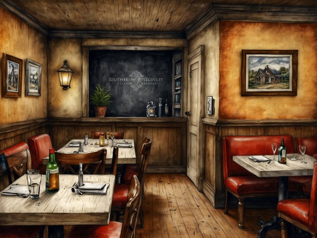 Auf dem Bild ist eine gemütliche Restaurantumgebung zu sehen, die einladend wirkt. Die Holztische und -stühle sind liebevoll eingerichtet, und die warmen Farben an den Wänden schaffen eine angenehme Atmosphäre. An den Wänden hängen Bilder, die den Raum dekorieren, und es gibt eine Pflanze auf der Theke, die dem Ganzen einen Hauch von Leben verleiht.In diesem Ambiente könnte man die südländische Gastfreundschaft erleben, mit köstlichem Essen und einem herzlichen Empfang, der das Gefühl vermittelt, willkommen zu sein.