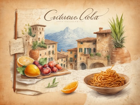 Das Bild zeigt eine malerische italienische Landschaft mit traditionellen Häusern und einem beeindruckenden Gebirgshorizont im Hintergrund. Im Vordergrund befindet sich ein Holzbrett, auf dem frische, bunte Früchte wie Orangen, Zitronen, Trauben und Äpfel arrangiert sind. Daneben steht eine Schale mit Spaghetti, die appetitlich präsentiert ist. Eine Ananas und einige grüne Blätter runden die Komposition ab und verleihen dem Bild einen einladenden, kulinarischen Eindruck, der eine Feinschmeckerreise nach Italien widerspiegelt.