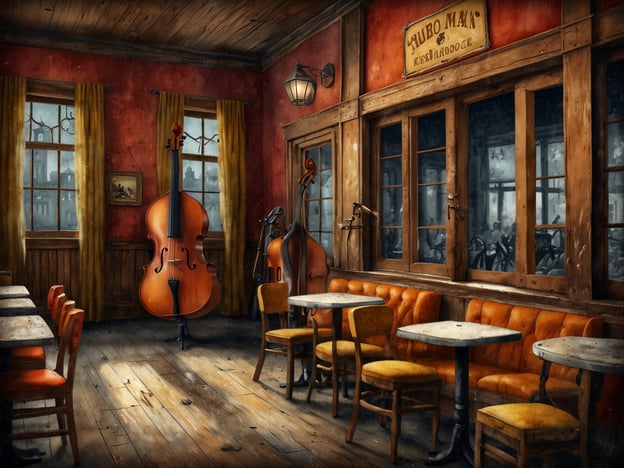 Auf dem Bild ist eine gemütliche Innenansicht eines Musiklokals zu sehen. Der Raum ist von warmen Farben geprägt und mit Tischen und Stühlen ausgestattet, die auf eine entspannte Atmosphäre hindeuten. Im Raum steht ein großes Cello, das die Verbindung zur Musik, die besonders in Nashville beheimatet ist, unterstreicht. Die Fenster geben einen Blick nach draußen und sorgen für eine angenehme Beleuchtung.Fazit: Nashville als Reiseziel bietet eine reiche musikalische Kultur und lebendige Locations, die ein einzigartiges Erlebnis für Musikliebhaber und Reisende schaffen. Die Stadt ist bekannt für ihre beeindruckenden Live-Auftritte und eine einladende Atmosphäre, ideal für alle, die die Musikszene erkunden möchten.