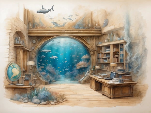 Auf dem Bild sieht man eine Fantasiewelt, die einen Raum mit einem großen Rundfenster zeigt, durch das man in eine Unterwasserlandschaft blicken kann. Im Vordergrund sind Möbel wie ein Schreibtisch, Bücherregale und eine Weltkugel zu sehen. Im Hintergrund schwimmen verschiedene Fische und Haie im blauen Wasser.Die pädagogischen Angebote des Museums könnten sich auf die Meeresforschung und das Ökosystem der Ozeane konzentrieren. Besucher könnten interaktive Ausstellungen und Workshops besuchen, um mehr über die verschiedenen Meereslebewesen, ihre Lebensräume und die Bedeutung des Meeresschutzes zu erfahren. Zudem könnten bildende Programme für Kinder und Jugendliche angeboten werden, die das Bewusstsein für den Schutz der Meere und ihre Biodiversität fördern.