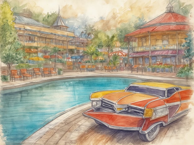 Ein farbenfrohes Bild zeigt einen Poolbereich eines Ferienresorts mit einer malerischen Kulisse. Am Rand des Pools steht ein nostalgisches Auto in lebhaften Farben, das gelb und orange lackiert ist. Im Hintergrund sind mehrere mehrstöckige Gebäude mit Balkonen und bunten Sonnenschirmen zu sehen. Um den Pool herum sind orangefarbene Liegestühle aufgestellt, umgeben von üppigem Grün und Pflanzen. Die Stimmung des Bildes vermittelt ein Gefühl von Entspannung und Urlaubsfreude.