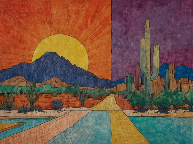 Auf dem Bild ist eine farbenfrohe, moderne Darstellung einer Landschaft zu sehen. Im Vordergrund erstreckt sich ein Weg, der in den Hintergrund führt, flankiert von verschiedenen Pflanzen, wahrscheinlich Kakteen und anderen Wüstengewächsen.Im Hintergrund erhebt sich ein Berg, dessen Gipfel in Blau gehalten ist, während eine große, leuchtende Sonne am Himmel steht und den oberen Teil des Bildes in warmen Gelbtönen beleuchtet. Der Himmel selbst ist in kräftigen Orangen- und Violetttönen gestaltet, die eine dramatische Stimmung erzeugen.Die gesamte Komposition spiegelt Elemente der modernen Kunst wider, die häufig mit lebendigen Farben und abstrahierenden Formen arbeitet. Solche Darstellungen können charakteristisch für die Kunstszene in Phoenix sein, wo die Wüstenlandschaft und die intensiven Farben der Natur oft inspiriert.