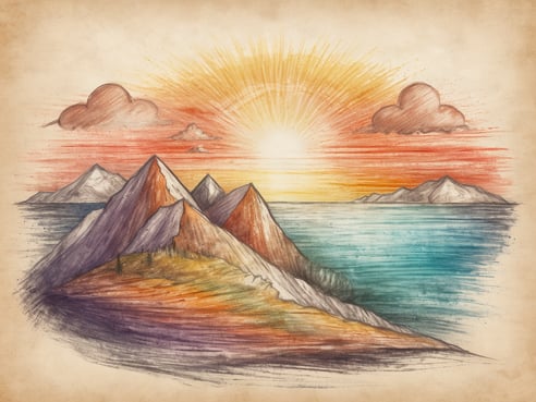 Eine malerische Landschaft mit hohen, zerklüfteten Bergen, die sich majestätisch gegen einen leuchtenden Sonnenaufgang abheben. Der Himmel zeigt warme Farben in sanften Orange- und Gelbtönen, während die Sonne am Horizont aufgeht. Im Vordergrund erstreckt sich ein sanft geschwungener Strand mit grünlich-blauem Wasser, das sanft an die Küste plätschert. Im Hintergrund sind weitere Bergspitzen und Wolken zu sehen, die der Szenerie eine traumhafte und zugleich friedliche Atmosphäre verleihen. Diese Darstellung weckt das Gefühl von Fernweh und Abenteuerlust.