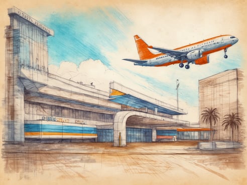 Ein stilisiertes Bild eines Flughafengebäudes mit einem Flugzeug, das im Landeanflug ist. Die Gebäude zeigen eine moderne Architektur mit großen Fenstern und einer farbigen Fassadengestaltung in blau und orange. Im Vordergrund sind Palmen zu sehen, die eine tropische Atmosphäre vermitteln. Der Himmel ist hellblau mit einigen Wolken.