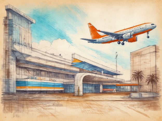Ein stilisiertes Bild eines Flughafengebäudes mit einem Flugzeug, das im Landeanflug ist. Die Gebäude zeigen eine moderne Architektur mit großen Fenstern und einer farbigen Fassadengestaltung in blau und orange. Im Vordergrund sind Palmen zu sehen, die eine tropische Atmosphäre vermitteln. Der Himmel ist hellblau mit einigen Wolken.