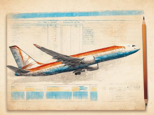 Das Bild zeigt eine künstlerische Darstellung eines Flugzeugs in einem skizzenhaften Stil, das auf einem beige Hintergrund platziert ist. Im Hintergrund sind handschriftliche Notizen und Tabellen zu sehen, die Informationen zur Flugreservierung enthalten. Das Flugzeug ist in orange und blau gefärbt, mit gut sichtbaren Details der Tragflächen und des Rumpfes. Ein Bleistift liegt am unteren Rand des Bildes, ergänzt die gesamte Komposition und vermittelt den Eindruck von einem Konzept oder einer Planung im Bereich der Luftfahrt.