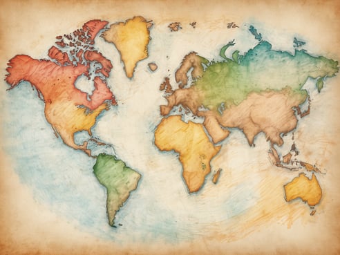 Weltkarte in sanften Farben, die die Kontinente darstellt. Nordamerika ist in warmen Rottönen, Südamerika in grün, Europa in verschiedenen Pastelltönen und Afrika in erdigen Brauntönen gehalten. Asien zeigt sich in einem harmonischen Zusammenspiel von Grün und Gelb, während Australien am unteren Rand in orangefarbenem Stil abgebildet ist. Der Hintergrund hat eine vintage-anmutende Textur, die dem Bild einen nostalgischen Charme verleiht. Ideal für eine visuelle Darstellung von Flugreisen um die Welt.