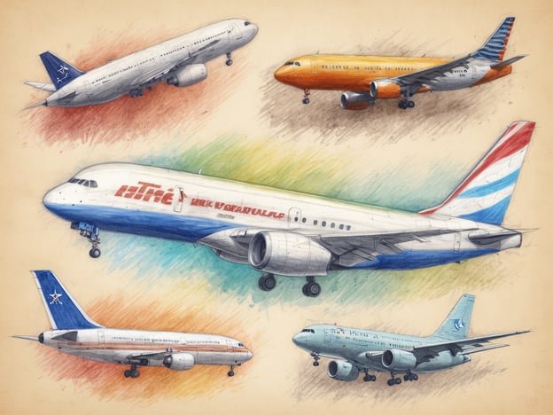 Sechs Flugzeuge sind auf einem skizzierten Hintergrund abgebildet. Im Mittelpunkt befindet sich ein Flugzeug mit einer blauen und weißen Farbgestaltung, das den Namen einer Fluggesellschaft trägt. Darüber fliegt ein weiteres Flugzeug mit gelber Lackierung und einem anderen Kennzeichen. In der unteren Reihe sind zwei Flugzeuge mit verschiedenen Designs, eines in Blau und das andere in einer mehrfarbigen Lackierung. Details der Flugzeuge sind sichtbar, darunter Tragflächen und Cockpits, die durch eine kreative Buntstifttechnik hervorgehoben werden. Der Hintergrund ist in sanften Farben gestaltet.