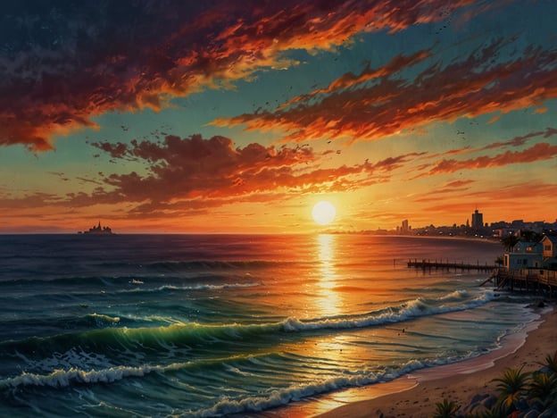 Das Bild zeigt einen malerischen Sonnenuntergang über dem Meer, wobei die warmen Farben des Himmels mit kräftigen Rottönen, Orangetönen und sanften Blautönen harmonieren. Die Wellen des Wassers reflektieren das Licht der untergehenden Sonne und sorgen für eine friedliche Atmosphäre. Im Hintergrund sind ein Pier und einige Gebäude zu sehen, die auf eine Küstenstadt hinweisen.Key West ist bekannt für seine atemberaubenden Sonnenuntergänge, die oft von einer lebhaften Küstenlandschaft begleitet werden. Diese Mischung aus Natur und Architektur schafft eine einzigartige Kulisse, die viele Besucher anzieht.