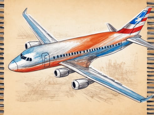 Ein Flugzeug ist in einem skizzenhaften Stil dargestellt. Es hat eine orange-weiße Farbgestaltung mit blauen und roten Akzenten. Die Tragflächen sind ausgefahren und die Triebwerke sind deutlich sichtbar. Der Hintergrund ist in einem beige-ähnlichen Farbton gehalten, der den Eindruck eines Notizbuchs erweckt. Dieses Bild könnte für Flugangebote oder Reiseinformationen verwendet werden und vermittelt eine Verbindung zur Luftfahrt.